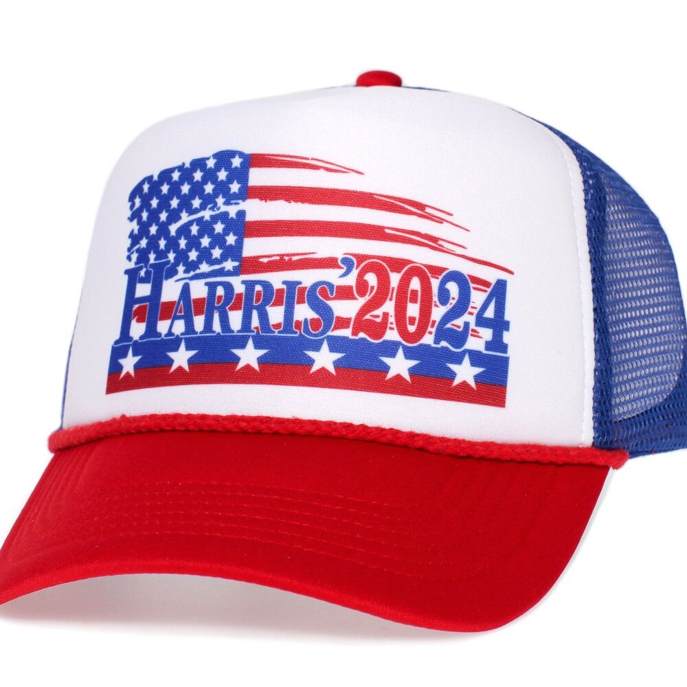 Kamala Harris 2024 Printed Truckers Hat Democrat Adult Royal/Red/White